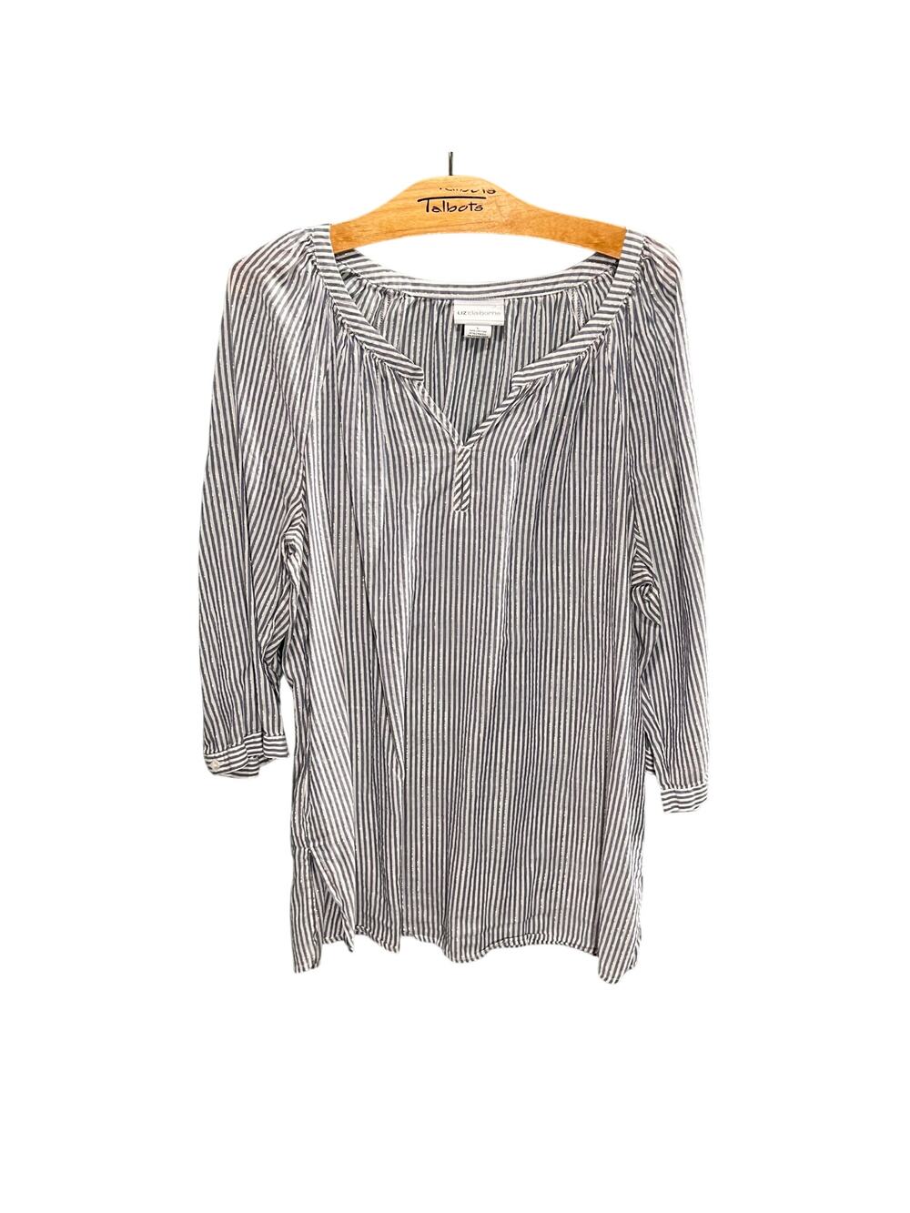 Liz Claiborne Navy White Striped Metallic Thread Tunic Top Size L Peasant Blouse